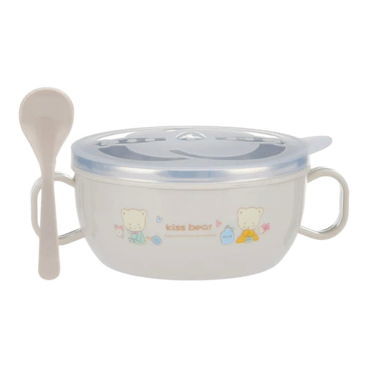 Tazón infantil Acüchichi Kiss Bear de acero inoxidable color crema con tapa hermética, asas y cuchara a juego.