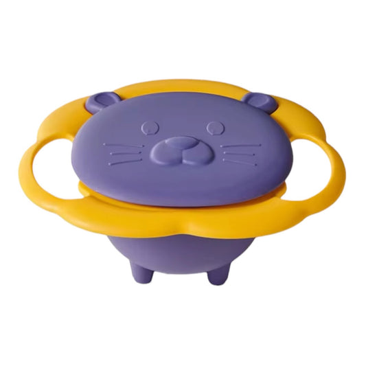 Tazón infantil Acüchichi con diseño de león en color morado y amarillo, con asas laterales y tapa protectora.