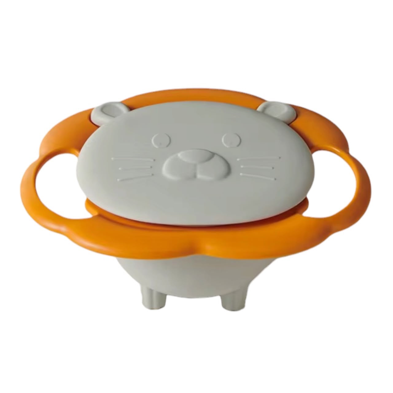 Tazón infantil Acüchichi con diseño de león en color gris y naranja, con asas ergonómicas y tapa protectora.