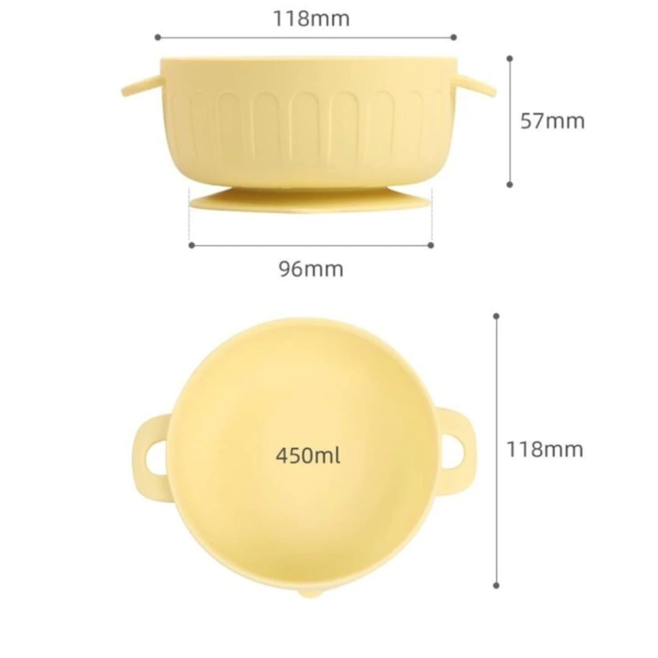 Tazón de silicona Acüchichi color amarillo con base de succión y medidas técnicas para alimentación infantil