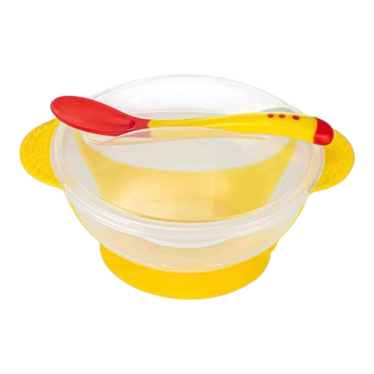 Set Acüchichi de tazón amarillo con succión y cuchara ergonómica para bebés, libre de BPA y con tapa hermética.