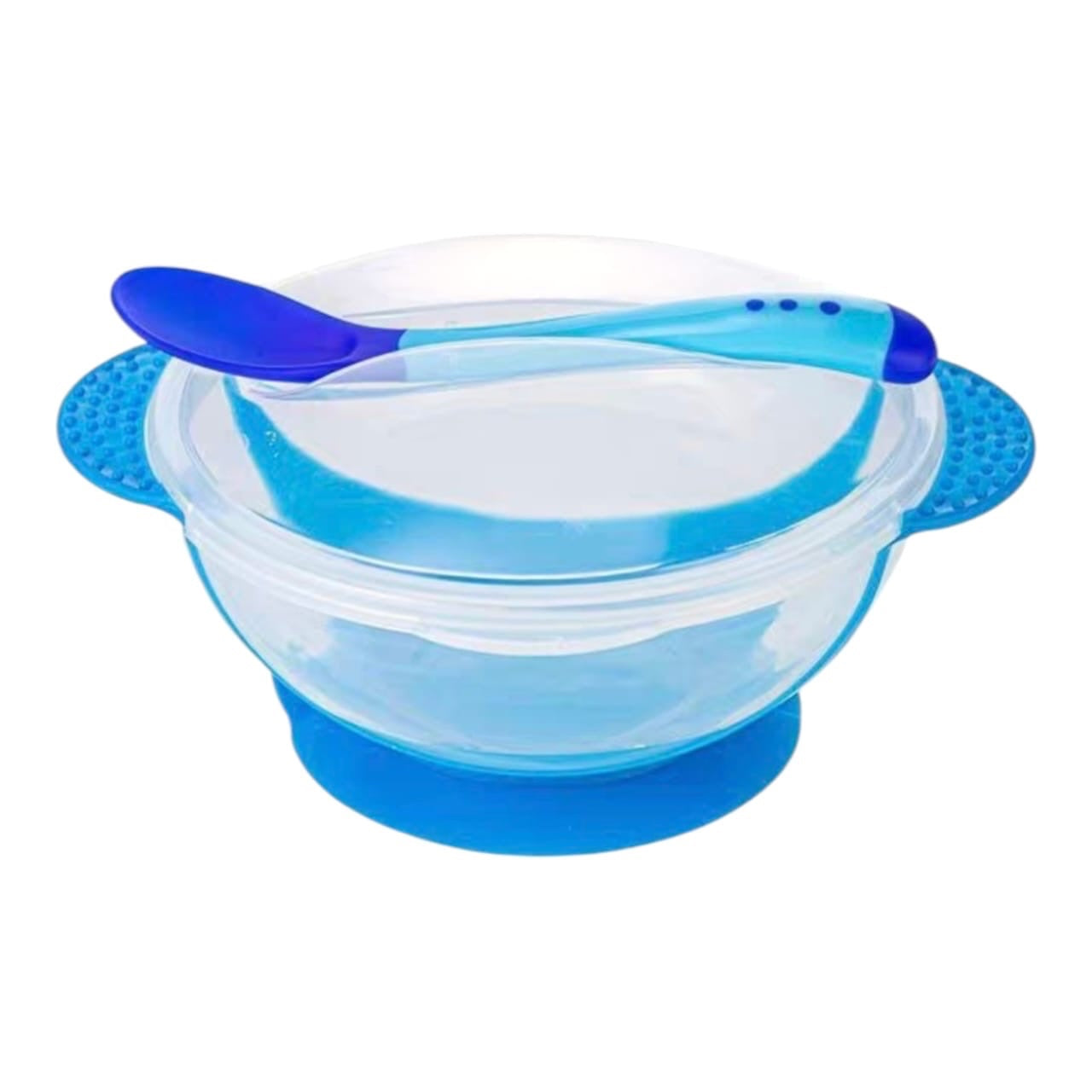Set Acüchichi de tazón azul con succión y cuchara ergonómica para bebés, libre de BPA y con asas antideslizantes.