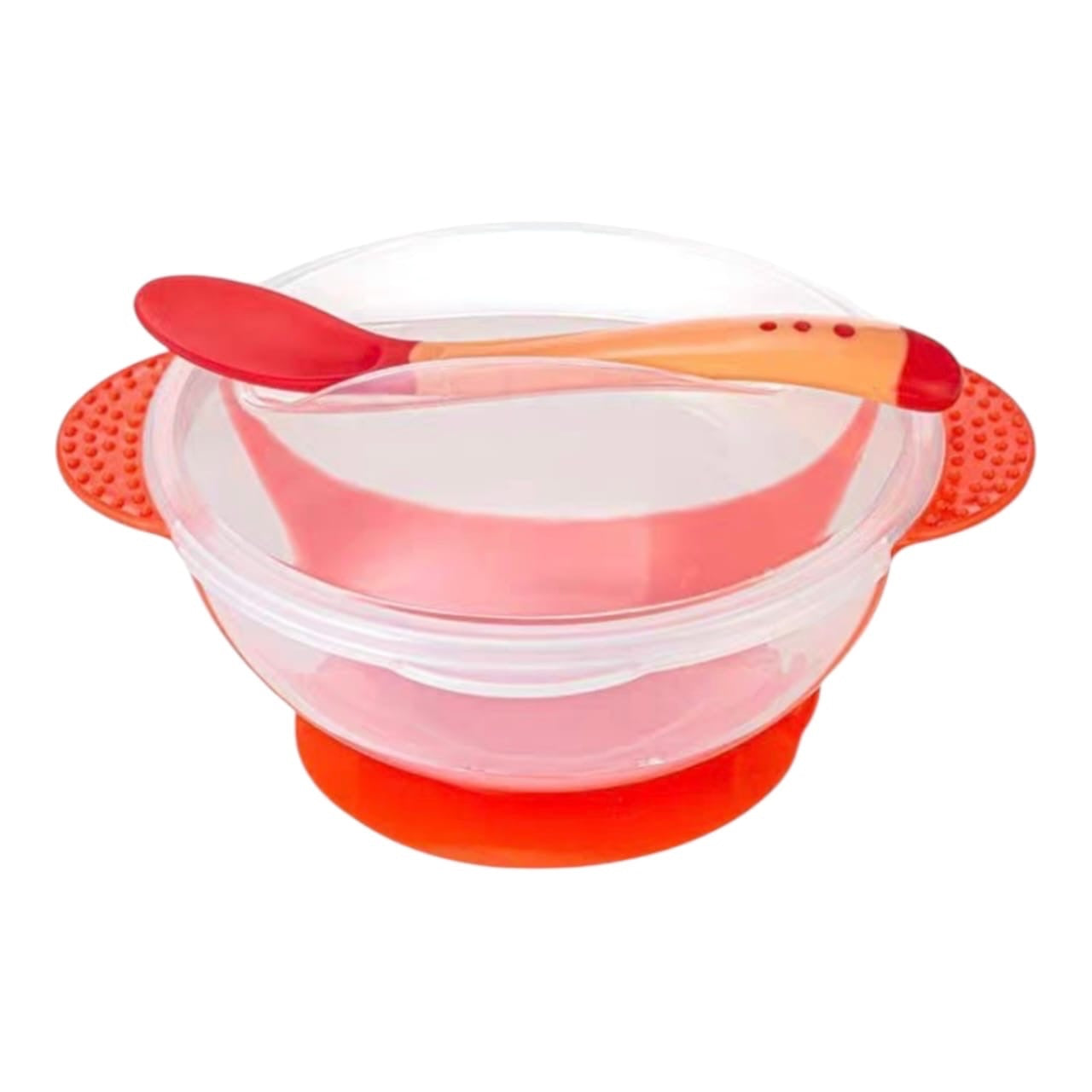 Set de tazón Acüchichi con base de succión naranja, tapa transparente y cuchara ergonómica para alimentación infantil.