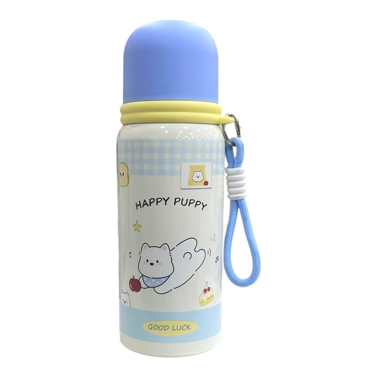 Termo Acüchichi de acero inoxidable azul con diseño de perrito, tapa hermética y correa de transporte.