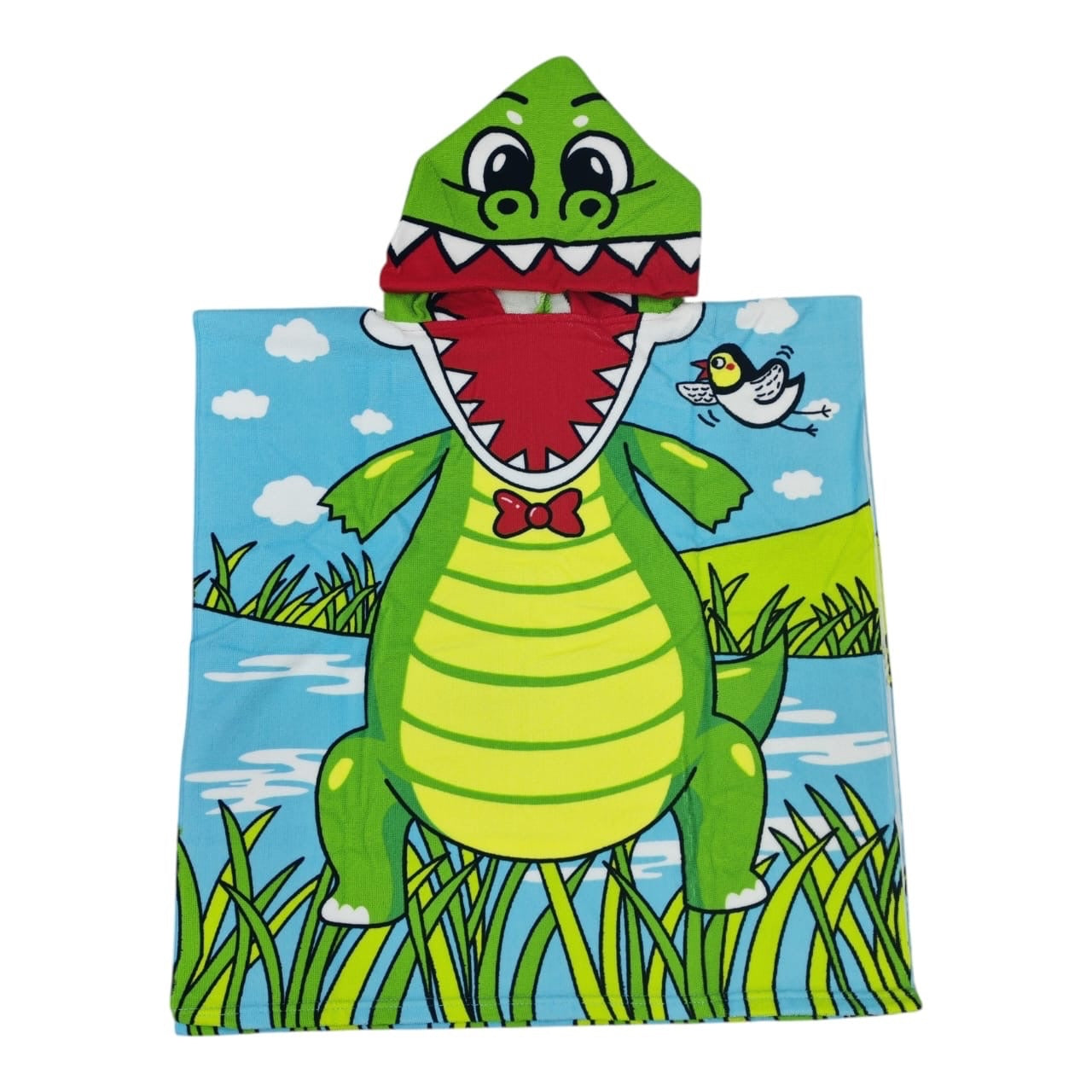 Toalla poncho Acüchichi para niños con capucha de cocodrilo verde, diseño absorbente y colorido para playa o piscina.