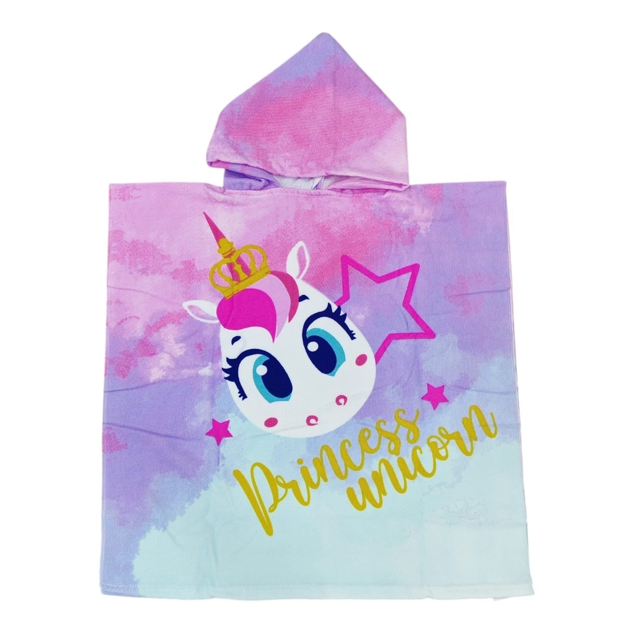 Toalla poncho Acüchichi para niños con capucha, estampado de unicornio princesa en tonos morado y rosa, suave y absorbente.