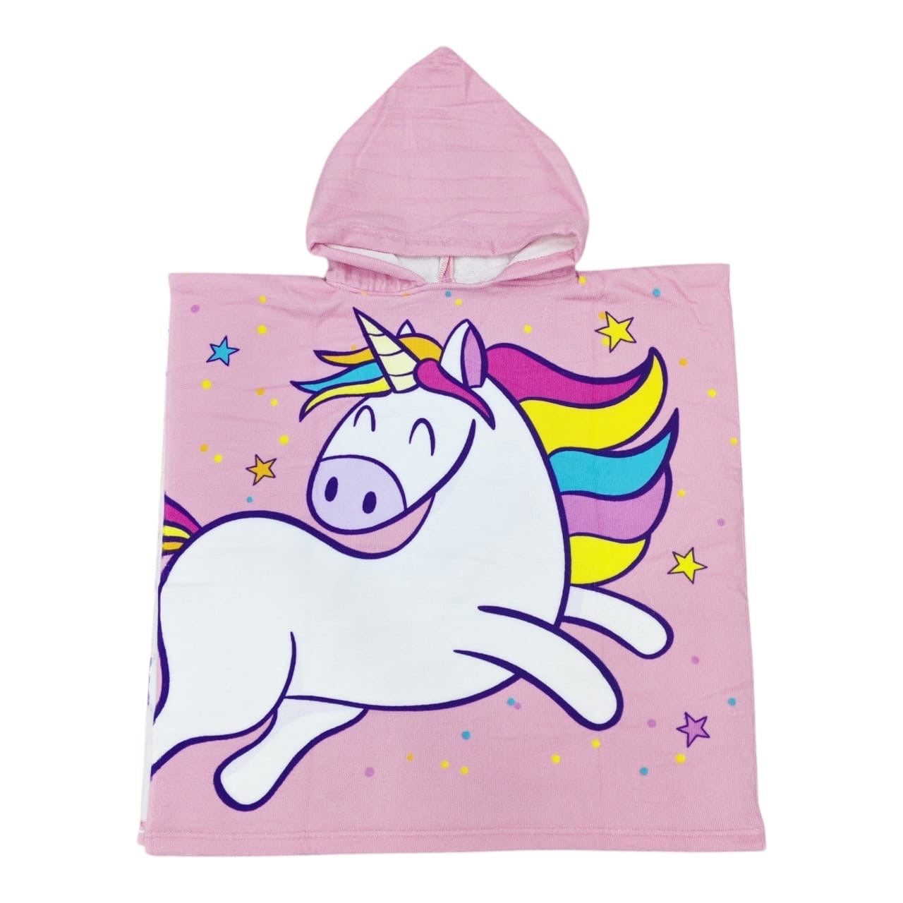 Toalla poncho infantil Acüchichi color rosa con estampado de unicornio y capucha para playa o piscina