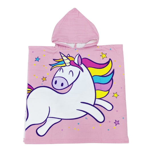 Toalla poncho infantil Acüchichi color rosa con estampado de unicornio y capucha para playa o piscina