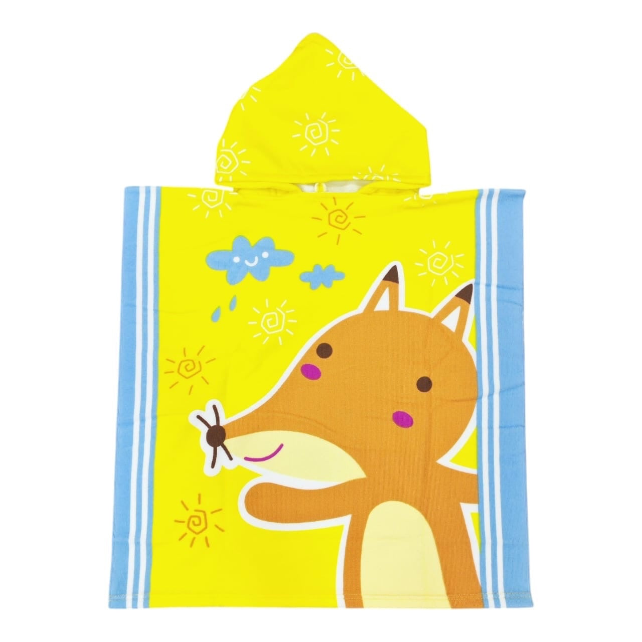Toalla poncho Acüchichi para niños color amarillo con estampado de zorro y capucha, ideal para playa o piscina.