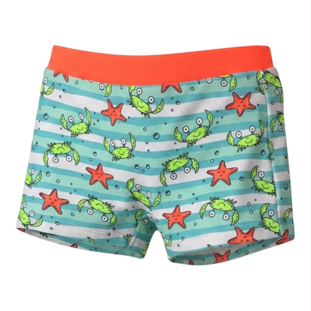 Traje de baño tipo bóxer Acüchichi para niños con estampado de cangrejos, estrellas de mar y cintura naranja neón.