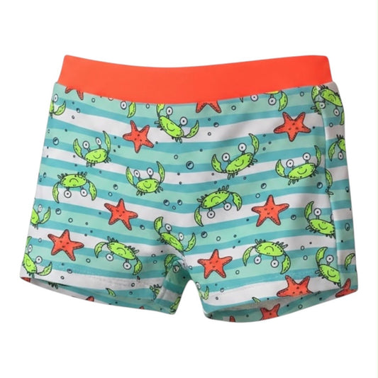Traje de baño tipo bóxer Acüchichi para niños con estampado de cangrejos, estrellas de mar y cintura naranja neón.
