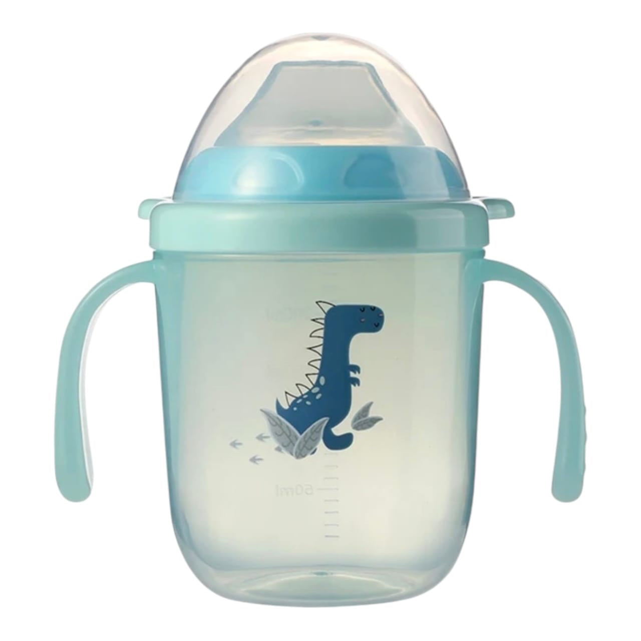 Vaso entrenador Acüchichi azul con asas, boquilla suave y estampado de dinosaurio para bebés