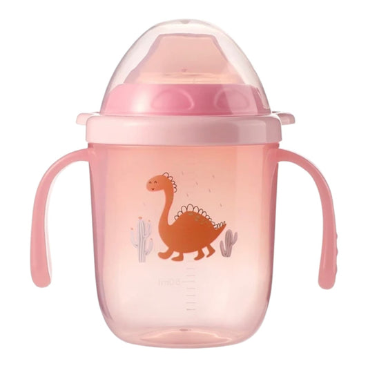 Vaso entrenador Acüchichi rosado con asas ergonómicas, estampado de dinosaurio y tapa protectora para bebés.