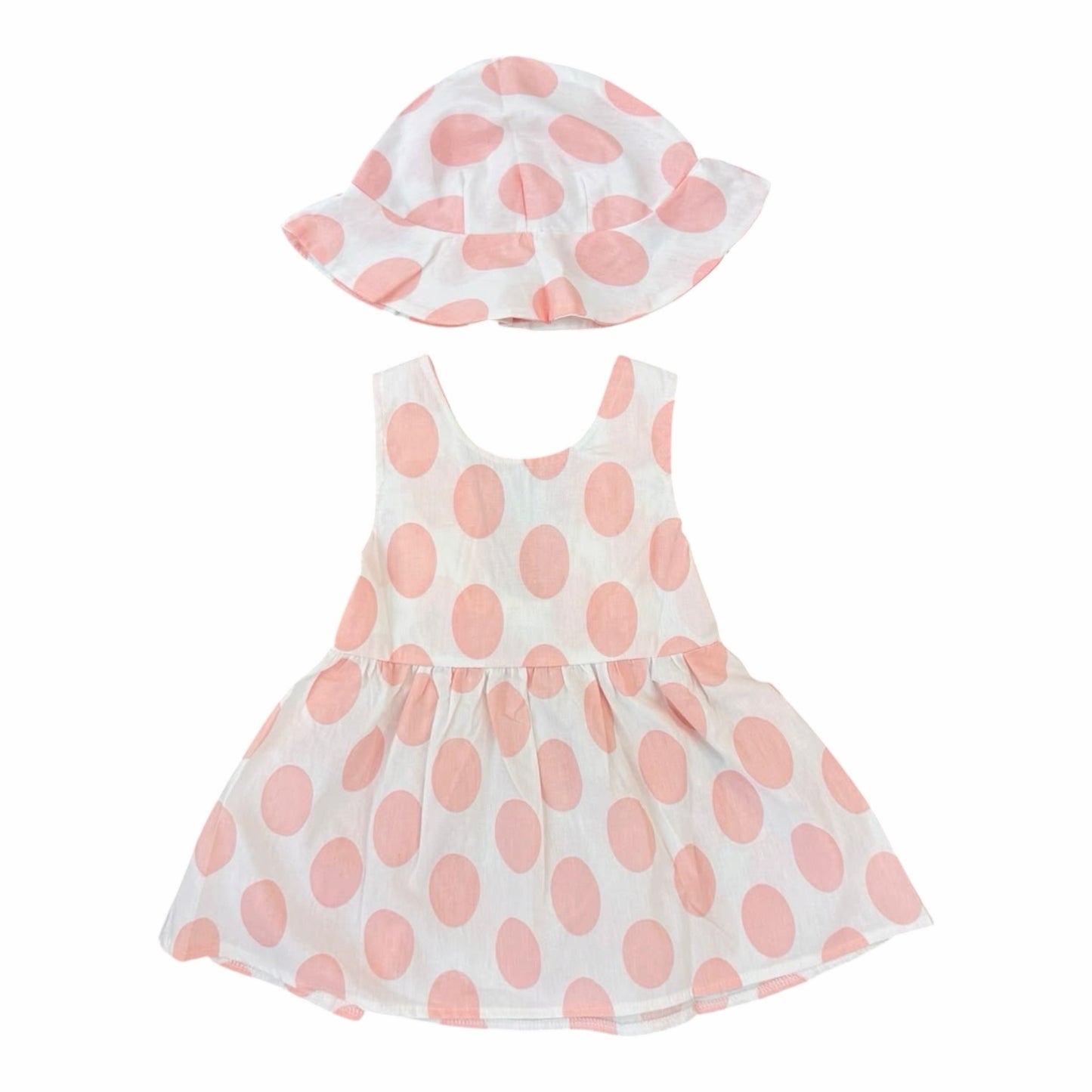 Conjunto de verano Acüchichi para niña con vestido blanco de lunares rosas y sombrero tipo pescador a juego
