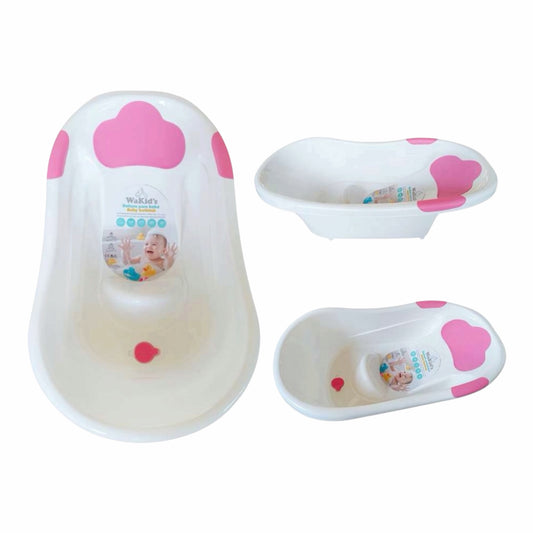 Bañera ergonómica Acüchichi WaKid's blanca y rosa con soporte anatómico, bordes suaves y tapón de drenaje para bebés.