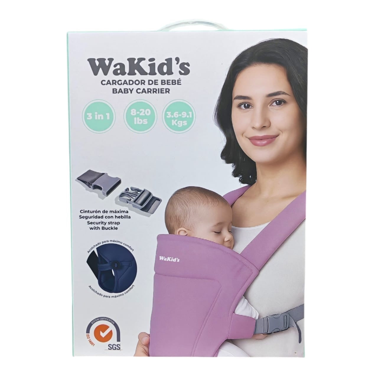 Cargador de bebé ergonómico Acüchichi WaKid's 3 en 1 color morado con cinturón de seguridad y diseño acolchado.
