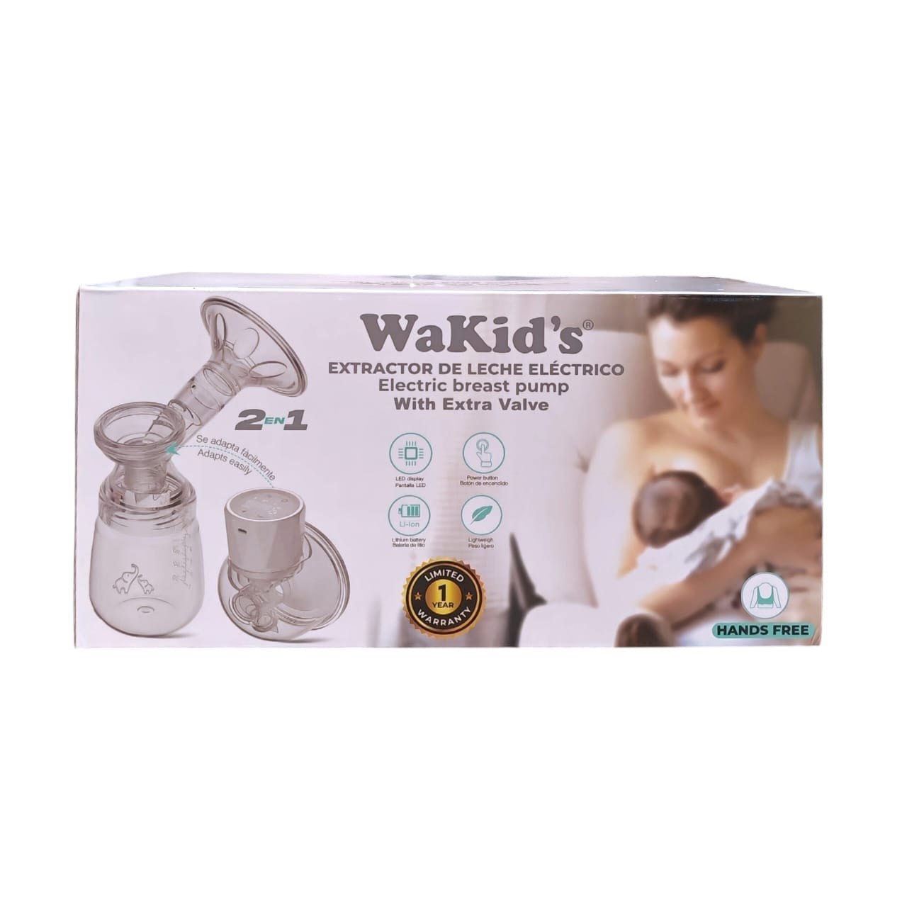 Caja de extractor de leche eléctrico portátil Acüchichi WaKid's 2 en 1 con pantalla LED y diseño manos libres.
