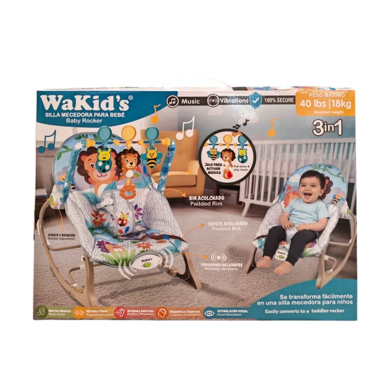 Caja de silla mecedora 3 en 1 Acüchichi WaKid's con estampado de animales, vibración, música y juguetes colgantes.