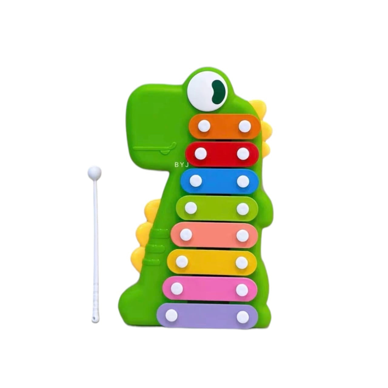 Xilófono infantil Acüchichi con forma de dinosaurio verde y teclas metálicas de colores brillantes con baqueta blanca