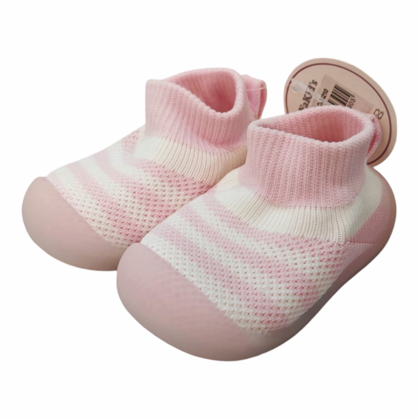 Zapatos tipo calcetín Acüchichi para bebé en tejido suave rosa y blanco con suela de goma antideslizante y flexible